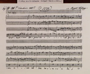 Bladmuziekpagina voor Querite primum regnum Dei door Mozart om de titel van Accademia filarmonico te verkrijgen, versie gecorrigeerd door vader Martini (1770)