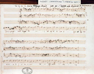 Bladmuziekpagina van Querite primum regnum Dei door Mozart om de titel van Accademico filarmonico te verkrijgen (1770)