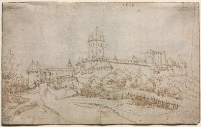 Uitzicht op een kasteel recto, achthoekige beker verso