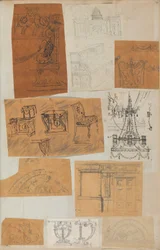 Pagina uit een Plakboek met Tekeningen en Verschillende Afdrukken van Architectuur, ca. 1800-1850. Makers: Werkplaats van Charles Percier, Werkplaats van Pierre François Léonard Fontaine