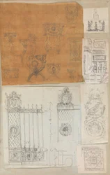 Pagina uit een plakboek met tekeningen en verschillende prenten van architectuur, ca. 1800-1850. Makers: Werkplaats van Charles Percier, Werkplaats van Pierre François Léonard Fontaine