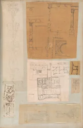 Pagina uit een Plakboek met Tekeningen en Verschillende Afdrukken van Architectuur