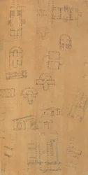 Pagina uit een plakboek met tekeningen en verschillende prenten van architectuur, ca. 1800-1850. Makers: Werkplaats van Charles Percier, Werkplaats van Pierre François Léonard Fontaine