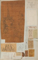 Pagina uit een Plakboek met Tekeningen en Verschillende Afdrukken van Architectuur, ca. 1800-1850. Makers: Werkplaats van Charles Percier, Werkplaats van Pierre François Léonard Fontaine