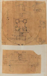 Pagina uit een plakboek met tekeningen en verschillende prenten van architectuur, ca. 1800-1850. Makers: Werkplaats van Charles Percier, Werkplaats van Pierre François Léonard Fontaine