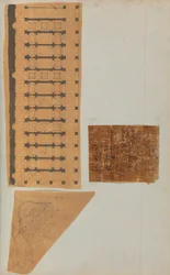 Pagina uit een plakboek met tekeningen en verschillende prenten van architectuur, ca. 1800-1850