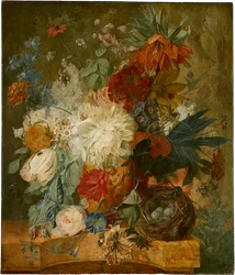 Stilleven met bloemenboeket en vogelnest
