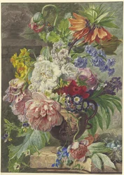 Stilleven met bloemenboeket en vogelnest
