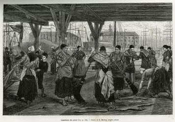 Ontzouting van de huiden, door vrouwen die de resten van de beesten schrapen onder de structuren van de hallen van de haven van Antwerpen. Gravure door X. Mellery, ter illustratie van het verhaal van België, door Camille Lemonnier, gepubliceerd in Le tour 