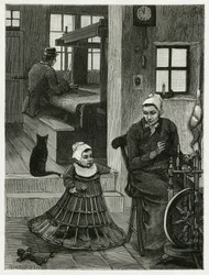 Interieur van de woning en weverswerkplaats, met de wever en het wiel, evenals een kind met een rieten rok die hem helpt zijn eerste stappen te zetten. Gravure door X. Mellery, ter illustratie van het verhaal 
