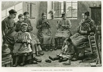 Het vlechten van stro in Sluze. Gravure door Xavier Mellery ter illustratie van het verhaal 