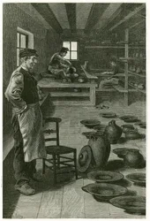 De pottenbakker van Terneuzen, in zijn werkplaats, vol met vazen en schalen, bij het raam, de pottenbakker werkt de klei op het harnas en zijn leerling, beneden, werkt de draaischijf. Gravure door X. Mellery, naar de natuur, ter illustratie van het verhaal