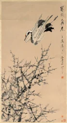 Pruimenbloesems, kraanvogel en lente