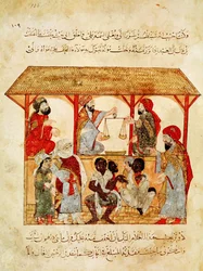 Ms. Ar 5847 f.105, Een slavenmarkt, uit „Al Maqamat”