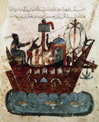 Ms Ar 5847 f.119v, Abu Zayd en Al-Harith zeilen van Basra naar Oman, miniatuur uit de Maqamat van al-Hariri (De bijeenkomsten), ca. 1240