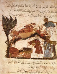 Ms Ar 5847 f.61, Een feest voorbereiden, uit Al Maqamat door Al Hariri, ca. 1240