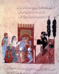 De zwervende navigator Abu-Zayd betreedt de moskee van Maragha. Miniatuur uit de "Maqamat" (Seances) door Abu Mohammed al-Kasim ibn Ali Hariri, verlucht door Yahya Mahmud al-Wasiti in 1237