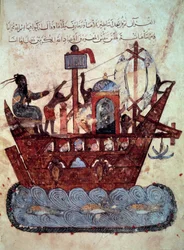 De burgerlijke al-Harith (Al Harith), zoon van Hammam, en de rondzwervende zeeman Abu-Zayd (Abu Zayd) op een miniatuurboot uit de ’Maqamat’ (Sessies) van Abu Mohammed al-Kasim ibn Ali Hariri (of Al-Hariri of Al Hariri) (1054-1122), verlucht door Yahya
