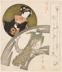 Geisha en pauw op pruimenbloesem; Een serie van tien prenten voor de Honchôren (series title); Honchôren jûbantsuzuki (series title on object)