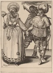 Een man met een tulband die een vrouw met pauwenveren leidt
