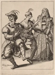 Een gesluierde vrouw met twee muzikanten die een rooster en een blaasbalg bespelen
