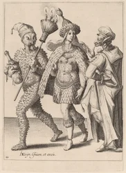 Een oude mummer spreekt een stel in veren aan
