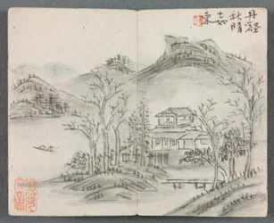 Miniatuur Album met Figuren en Landschap Landschap met Heuvel, Huis, Boot en Brug, 1822