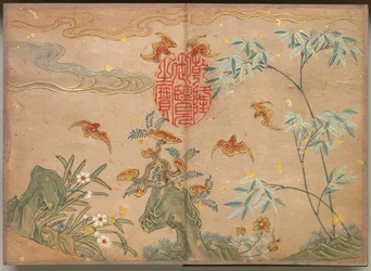 Bureau Album: Bloem- en Vogel Schilderijen (Vleermuizen, rotsen, bloemen ovale kalligrafie)