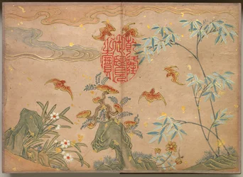 Bureau Album: Bloemen en Vogel Schilderijen Vleermuizen, rotsen, bloemen ovale kalligrafie, 18e eeuw