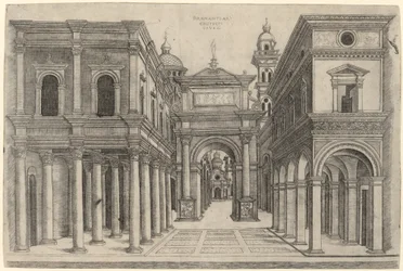 Een Straat met Verschillende Gebouwen, Colonnades en een Boog