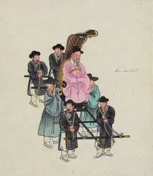 Een hoge Koreaanse ambtenaar, mogelijk de premier, gedragen in een sierlijke draagstoel, ca. 1890