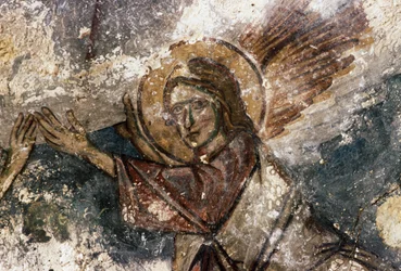 Engel, fresco in Byzantijnse kerk van Agios Georgios, Apodoulou, Kreta, Griekenland