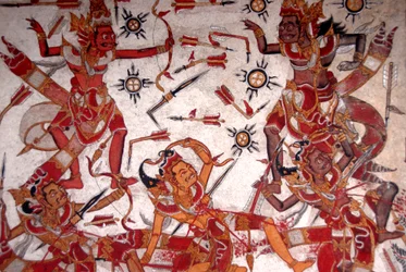 Plafondschildering in het Koninklijk Paleis; Slag van de Goden; Kerta Gosa; Taman Gili paleis; Klungkung; Semarapura; Bali; Indonesië; Zuidoost-Azië; Azië