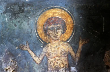 Christus, fresco in Byzantijnse kerk van Agios Georgios Sfakiotis, Diavaide, Kreta, Griekenland