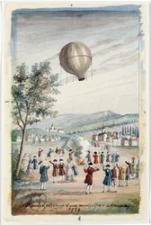 Eerste opstijging van een Montgolfier in Annonay, Frankrijk, 5 juni 1783