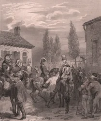 Frans leger trekt België binnen, augustus 1831, staalgravure op Chinees papier
