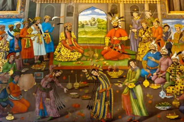 Fresco; banket met dansende meisjes; Shah Tahmasp ontvangt de Indiase Mughal Keizer Homayun; 1544; Chehel Sotoun; Veertig Zuilen Paleis; Isfahan; Iran; Azië
