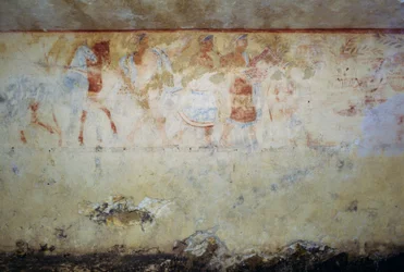Begrafenisstoet met dansers en muzikanten, fresco, Tombe van Blauwe Demonen, Necropolis van Tarquinia, Lazio, Italië, Etruskische beschaving, 5e eeuw v.Chr.