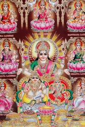 Lakshmi, de vrouw van Vishnu, is godin van welvaart, geluk en schoonheid