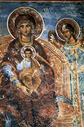 Madonna met Kind en Engel, fresco in klooster van Ano Pedina, nabij Papigo, Zagoria, Epirus, Griekenland