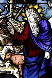 Museum van de Kathedraal van Milaan. Glas-in-loodraam. Schepping van de dieren (God de Vader). 16e eeuw. Italië.