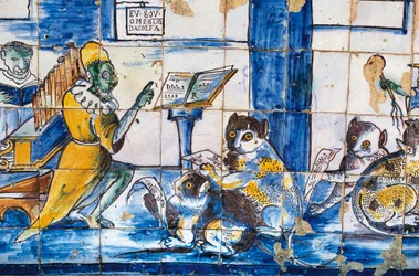 Muziekles, met antropomorfe katten en muizen, azulejos tegels, tuinen van Paleis van Markies de Fronteira