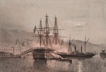 Napolitaans schip Monarca aangevallen door Tuckery, in de haven van Castellammare