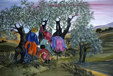 Olijven plukken, naïef van Barbara Mencarelli, Mandoleto, Solomeo, Umbrië, Italië