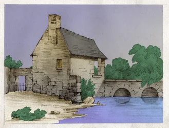 Boerenhuis aan de rand van een rivier. circa 1830 (illustratie)
