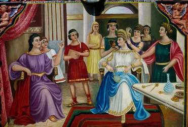 Schildering van Romeinse matrone op Siciliaanse kar, Sicilië, Italië (detail)