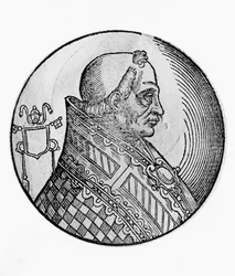 Portret van Bonifatius II (overleden 532), 55e paus van de Katholieke Kerk vanaf 530, gravure