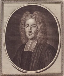Portret van de Engelse filosoof Samuel Clarke, kopergravure door John Goldar naar schilderij van Gibson