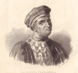 Portret van de Italiaanse legeraanvoerder Francesco da Bussone, ook bekend als Carmagnola (1380-1432), kopergravure door E. Silvestri naar een schilderij