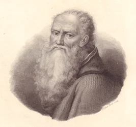 Portret van Italiaanse schilder Bernardino Luini (circa 1481-1532), kopergravure door Caterina Piotti-Pirola naar zelfportret van Luini